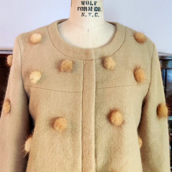 EUC Bess Tan Cropped Jacket with Furry Beige Pompoms – Small Veste Petit - Picture 6 of 7